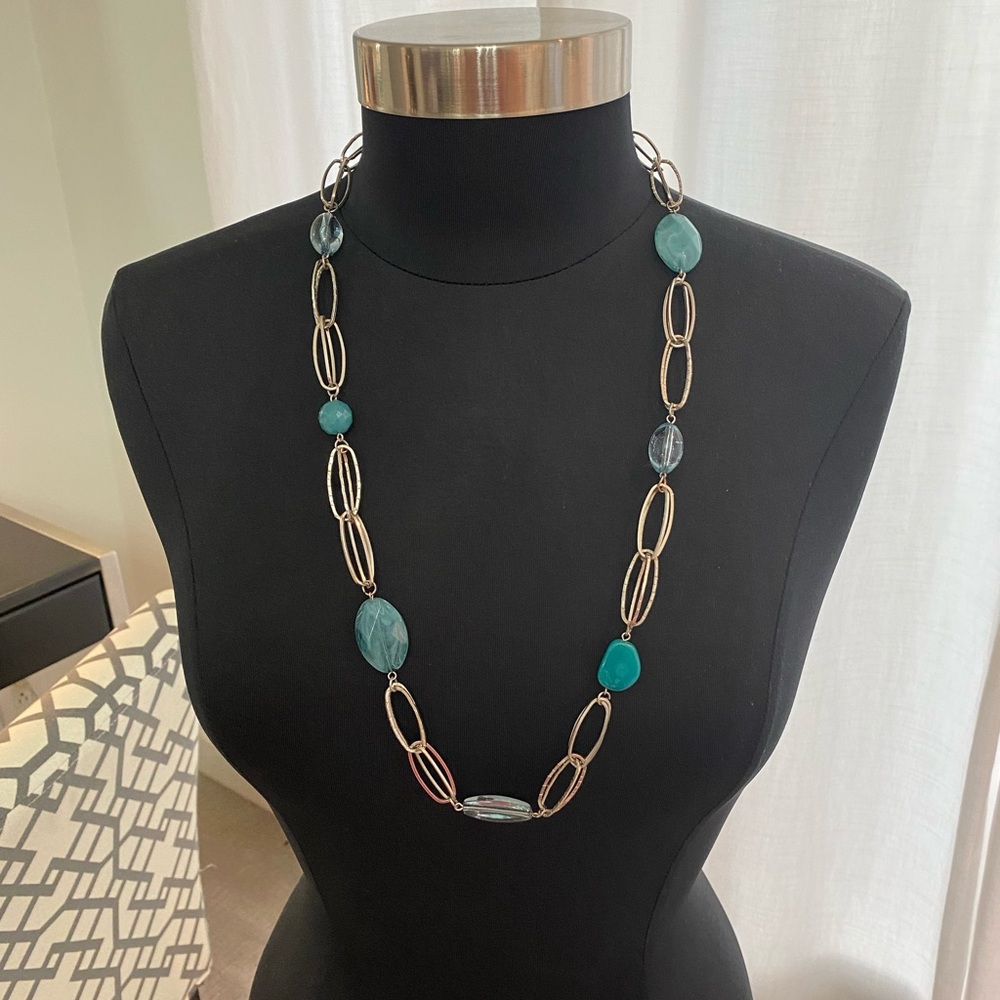 Express Silver Chain Turquoise Clear & Solid Bead Long Necklace